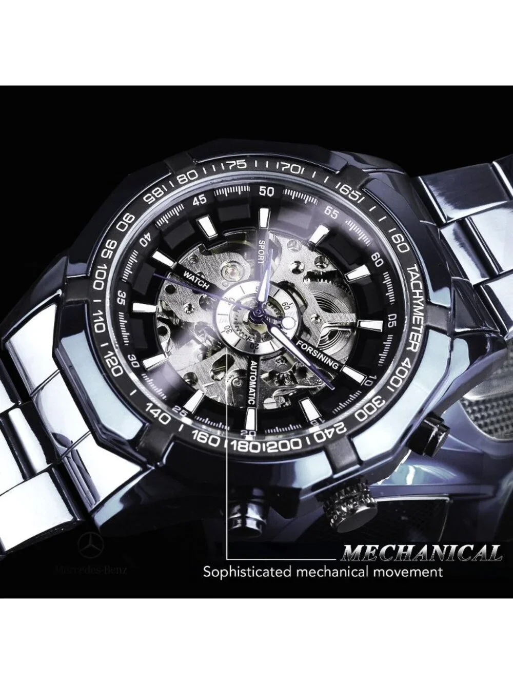 Men Silver Black Self-Wind Skeleton Hollow Out Mechanical Automatic Luxury Watch